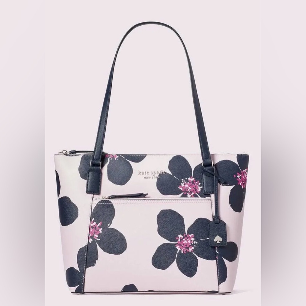 Kate Spade New York Cameron Grand Flora Pocket Tote Pink & Blue Flowers Designer